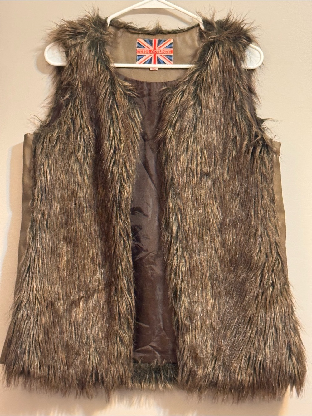 Miss London Brown Faux Fur Vest Faux Leather Trim Boho Layering